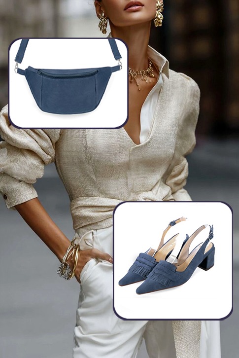 Dress slingback heels in denim blue leather with medium block heels and pointed toe - Top view
